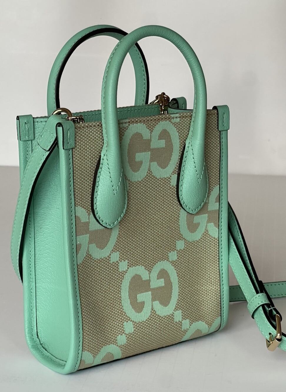 Gucci Womens Jumbo GG Canvas/Leather Mini Shoulder Tote Bag Green 671623 NWOT